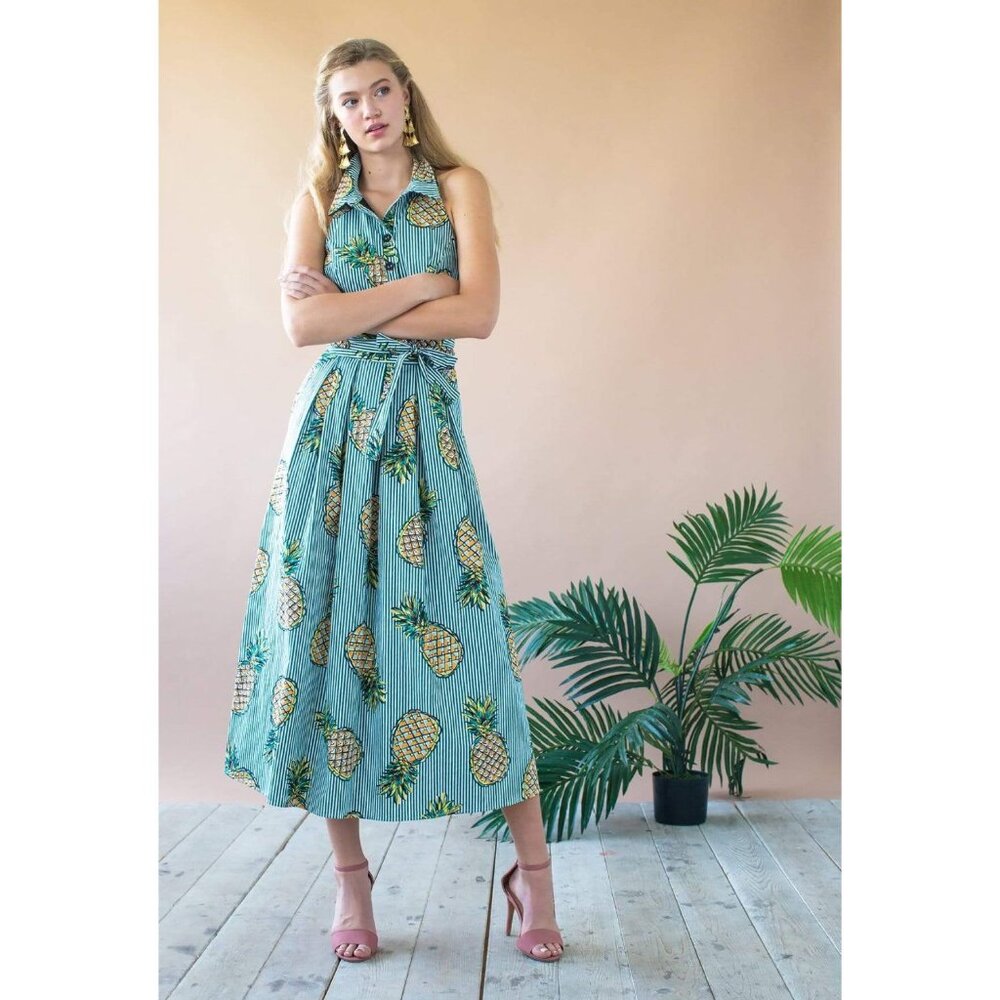 Eva Franco Anthropologie Cotton Collared Sleeveless Maxi Dress Pineapple Print